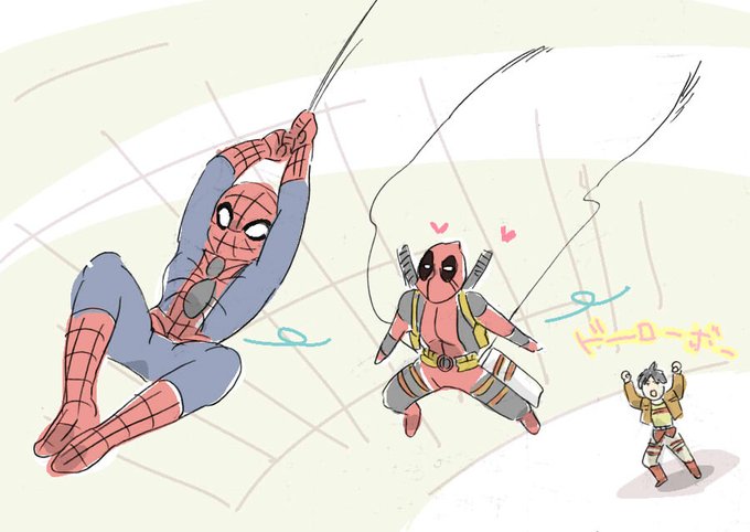 スパイディちゃんとデッドプールちゃん 艸 可愛いね スパイダーマンは 掛川 港 鬼滅 のイラスト