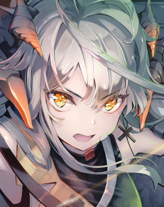 saria (arknights) 1girl solo horns open mouth looking at viewer